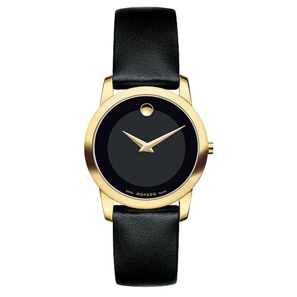 Movado Museum Black Leather Black Dial Quartz Watch for Ladies - 606877