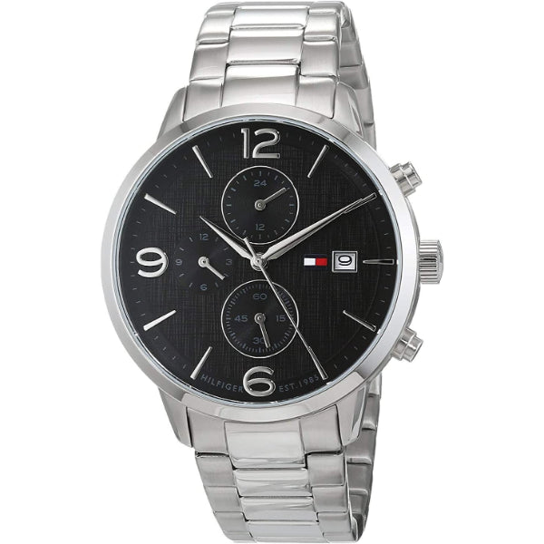 Tommy Hilfiger Liam Silver Stainless Steel Black Dial Chronograph Quartz Watch for Gents - 1710356