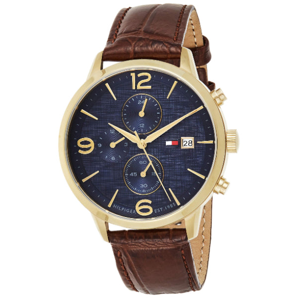 Tommy Hilfiger Liam Brown Leather Strap Blue Dial Chronograph Quartz Watch for Gents - 1710359