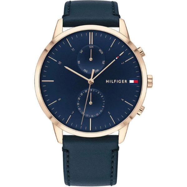 Tommy Hilfiger Hunter Blue Leather Strap Blue Dial Chronograph Quartz Watch for Gents - 1710405