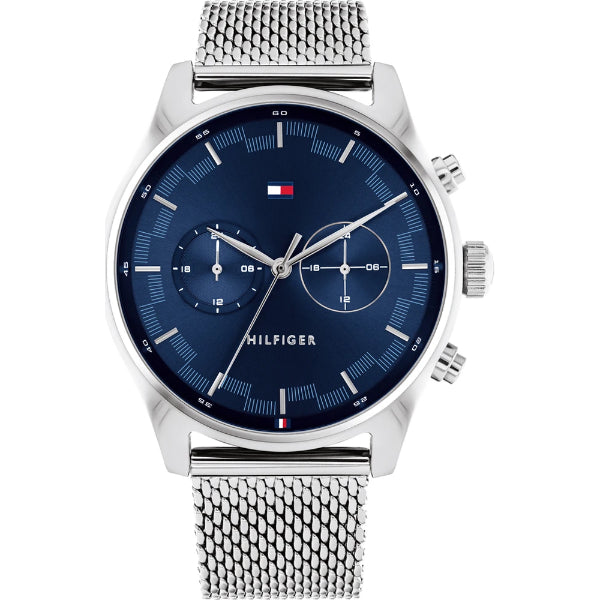 Tommy Hilfiger Sawyer Silver Mesh Bracelet Blue Dial Chronograph Quartz Watch for Gents - 1710420