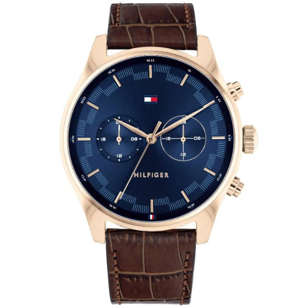 Tommy Hilfiger Sawyer Brown Leather Strap Blue Dial Chronograph Quartz Watch for Gents - 1710423