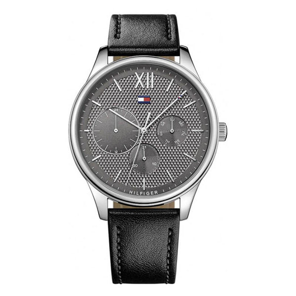 Tommy Hilfiger Damon Black Leather Strap Grey Dial Quartz Watch for Gents - 1791417