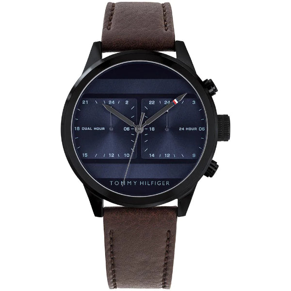 Tommy Hilfiger Icon Brown Leather Strap Blue Dial Chronograph Quartz Watch for Gents - 1791593