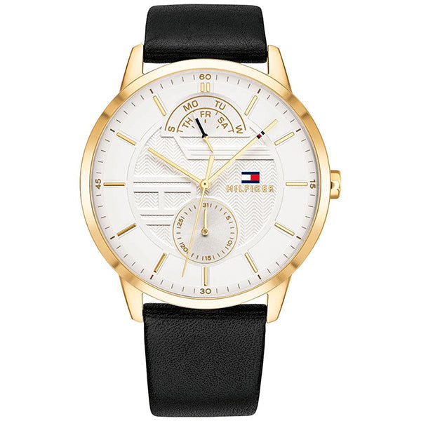 Tommy Hilfiger Hunter Black Leather Strap White Dial Quartz Watch for Gents - 1791606