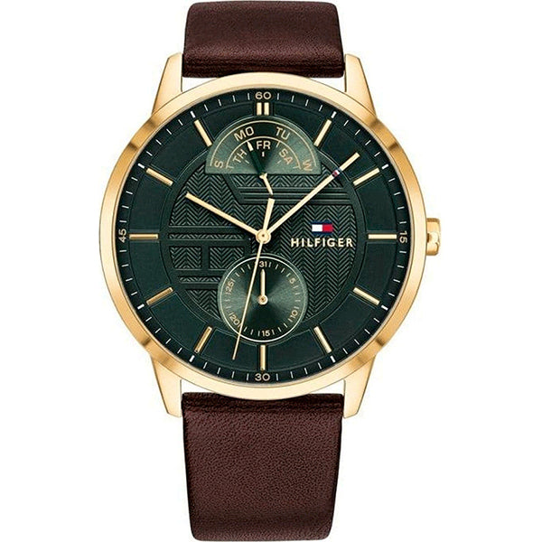 Tommy Hilfiger Hunter Brown Leather Strap Green Dial Quartz Watch for Gents - 1791607