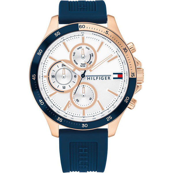 Tommy Hilfiger Bank Blue Rubber Strap White Dial Chronograph Quartz Watch for Gents - 1791778