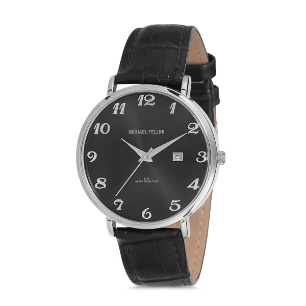 Michael Fellini Black Leather Strap Black Dial Quartz Watch for Gents - MF2226-3