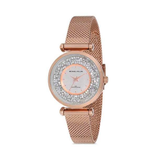 Michael Fellini Rose Gold Mesh Bracelet Silver Dial Quartz Watch for Ladies - MF2234-3