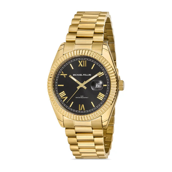 Michael Fellini Gold Stainless Steel Black Dial Quartz Watch for Gents - MF2270-5