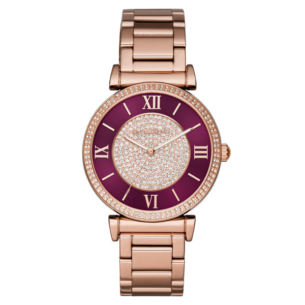 Michael Kors Catlin Rose Gold Stainless Steel Burgundy Dial Quartz Watch for Ladies - MK-3412