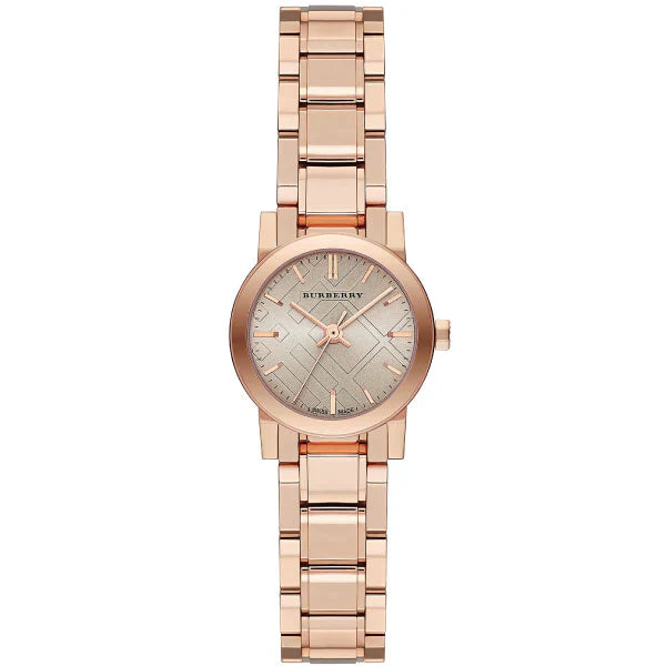 A Frontside View of Burberry City Rose Gold Stainless Steel Nude Dial Quartz Watch for Ladies with White Background