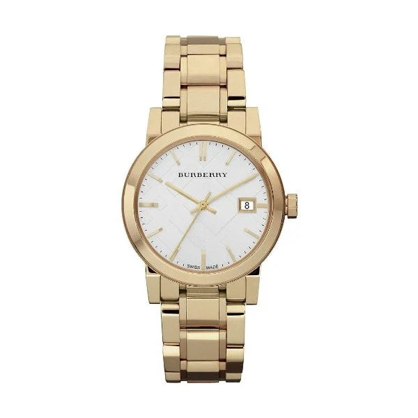 A front side view Burberry City Gold Stainless Steel White Dial Quartz Watch for Ladies