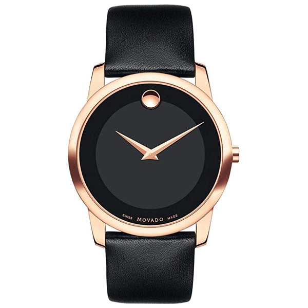 Movado Museum Black Leather Black Dial Quartz Watch for Gents - 607078