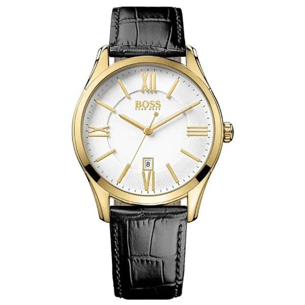 HUGO BOSS Ambassador Black Leather Strap White Dial Quartz Watch for Gents - 1513020