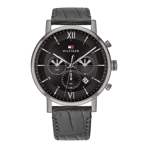 Tommy Hilfiger Evan Grey Leather Strap Black Dial Chronograph Quartz Watch for Gents - 1710395