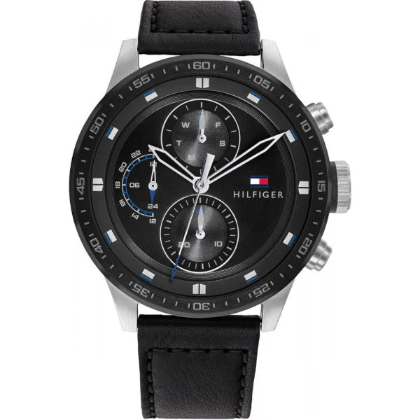 Tommy Hilfiger Trent Black Leather Strap Black Dial Chronograph Quartz Watch for Gents - 1791810