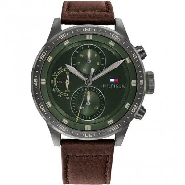 Tommy Hilfiger Trent Brown Leather Strap Green Dial Chronograph Quartz Watch for Gents - 1791809