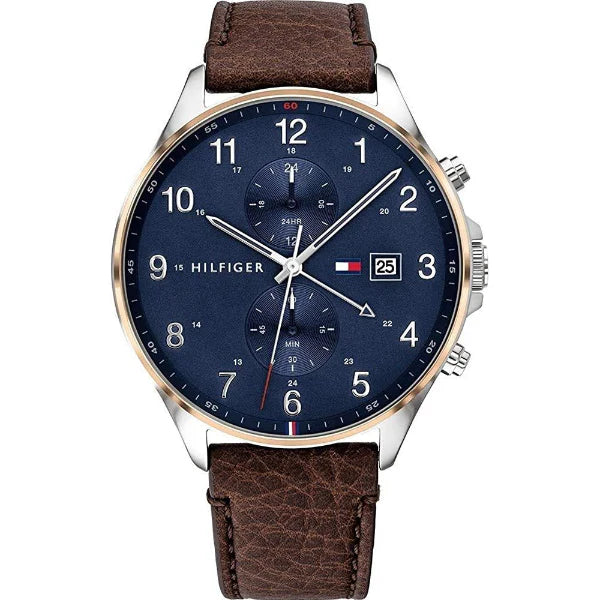 Tommy Hilfiger West Brown Leather Strap Blue Dial Chronograph Quartz Watch for Gents - 1791712