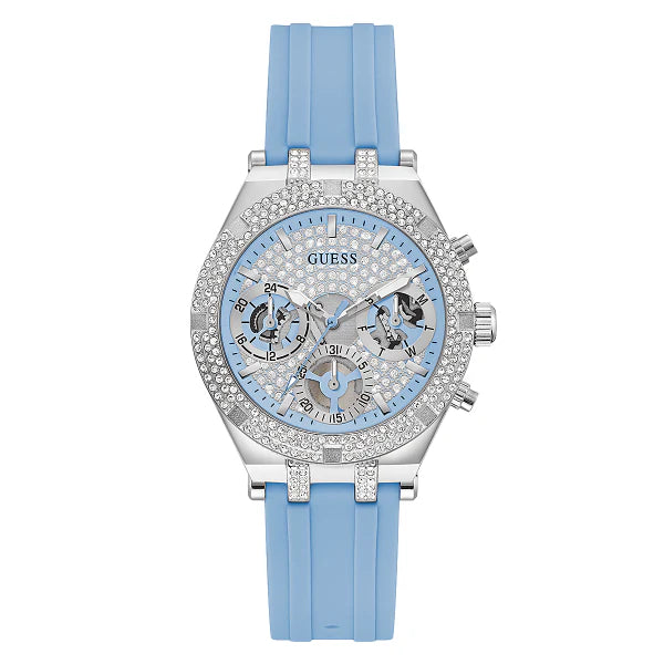 Guess Heiress Blue Silicone Strap Silver Dial Chronograph Quartz Watch for Ladies - GW0407L1