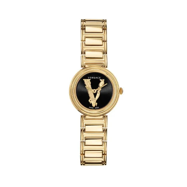 Versace Virtus Mini Duo Gold Stainless Steel Black Dial Quartz Watch for Ladies - VET300121