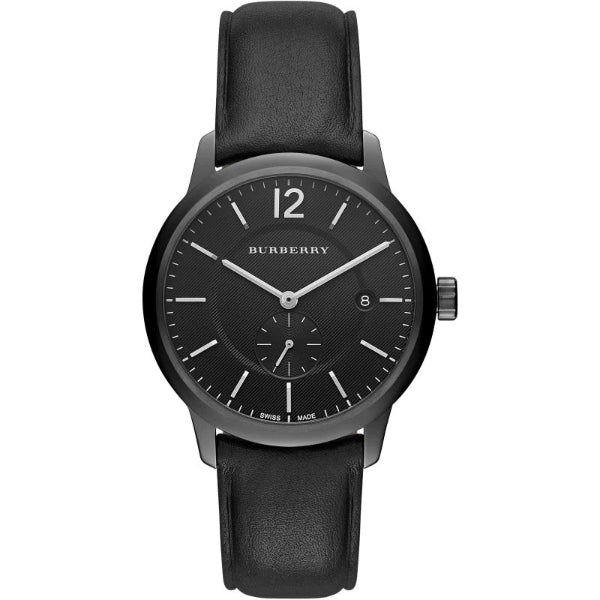 A front side view of the Burberry classic black leather Strap black dial quartz watch for gents