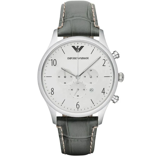 Emporio Armani Classic Black Leather Strap Silver Dial Chronograph Quartz Watch for Gents - AR1861