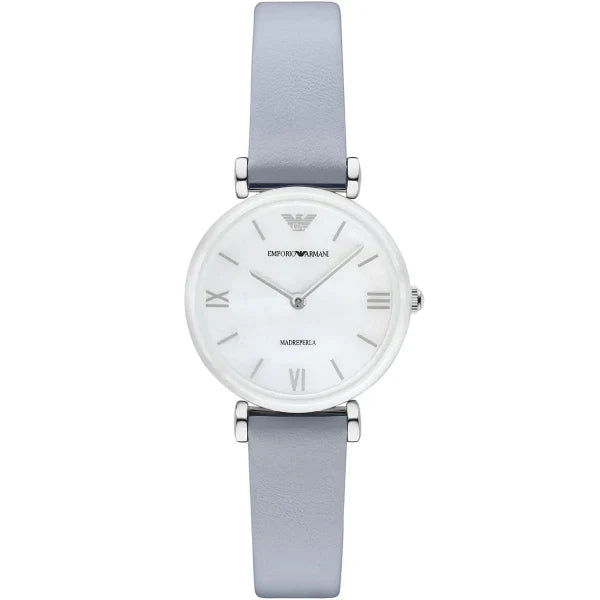 Emporio Armani Retro Grey Leather Strap Mother Of Pearl Dial Quartz Watch for Ladies - AR11039