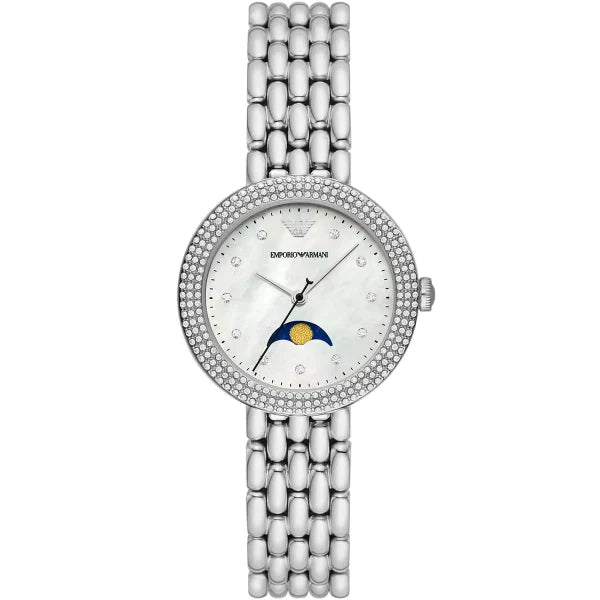 Emporio Armani Moonphase Silver Stainless Steel Mother Of Pearl Dial Quartz Watch for Ladies - AR11461