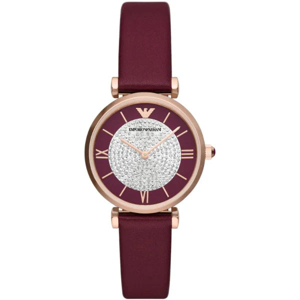 Emporio Armani Gianni T-Bar Burgundy Leather Strap Burgundy Dial Quartz Watch for Ladies - AR11487