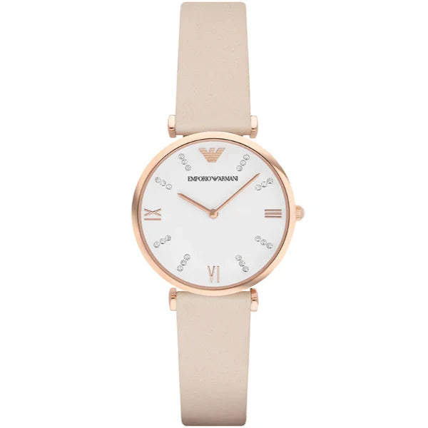 Emporio Armani Retro Cream Leather Strap White Dial Quartz Watch for Ladies - AR1927