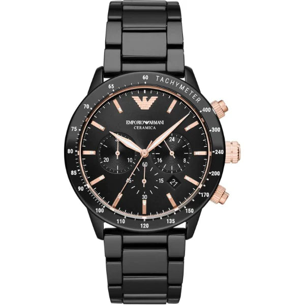 Emporio Armani Mario Black Ceramic Strap Black Dial Chronograph Quartz Watch for Gents - AR70002