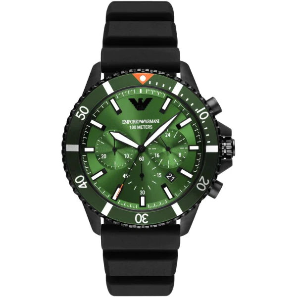 Emporio Armani Diver Black Silicone Strap Green Dial Chronograph Quartz Watch for Gents - AR11463