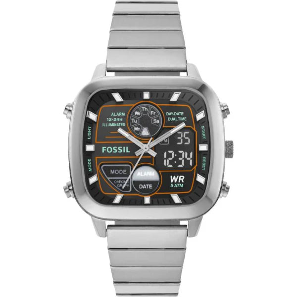 Fossil Retro Anadigital Silver Stainless Steel Positive Display Dial Analog & Digital Watch for Gents - FS5890