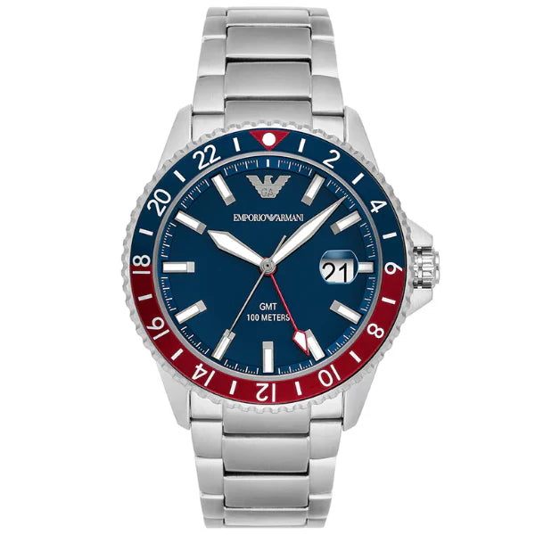 Emporio Armani GMT Silver Stainless Steel Blue Dial Quartz Watch for Gents - AR11590