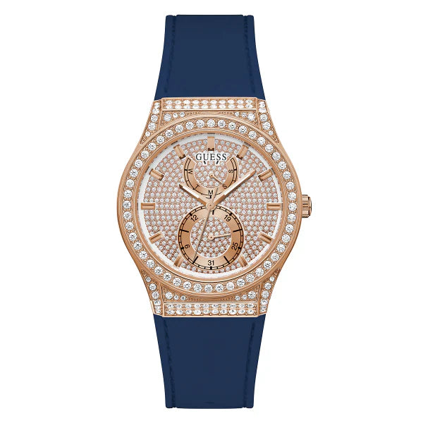 Guess Blue Silicone Strap Rose Gold Dial Quartz Watch for Ladies - GW0439L4