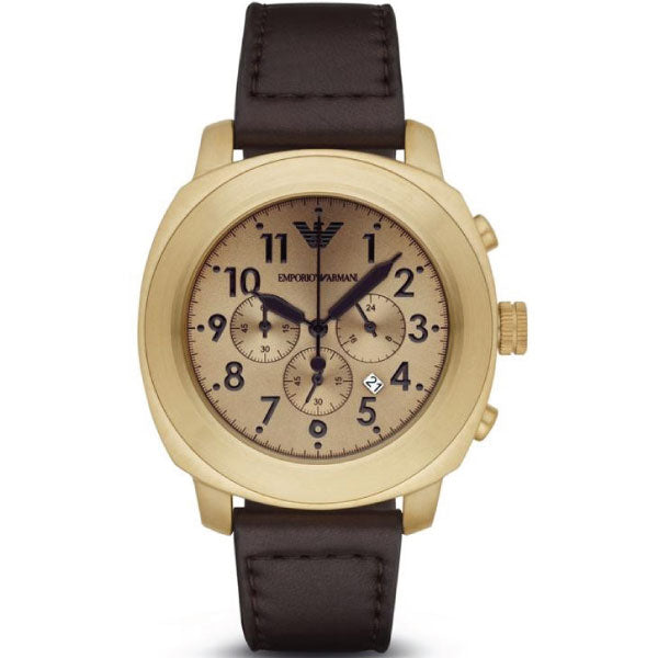 EMPORIO ARMANI Sportivo Brown Leather Strap Gold Dial Chronograph Quartz Watch for Gents - AR6062