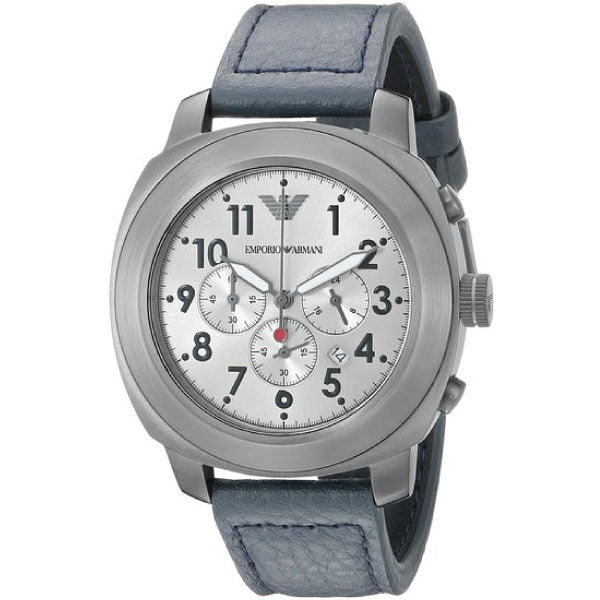 EMPORIO ARMANI Sportivo Light Blue Leather Strap Silver Dial Chronograph Quartz Watch for Gents - AR6086