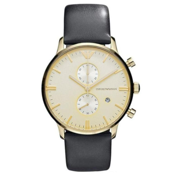 EMPORIO ARMANI Classic Grey Leather Champagne Dial Quartz Watch for Gents- EMPORIO ARMANI AR 0386