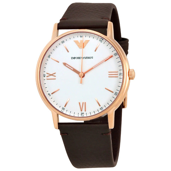 EMPORIO ARMANI Dress Brown Leather Strap White Dial Quartz Watch for Gents - AR11011