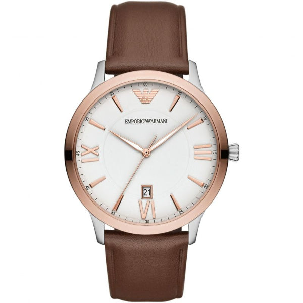 EMPORIO ARMANI Giovanni Brown Leather Strap White Dial Quartz Watch for Gents - AR11211