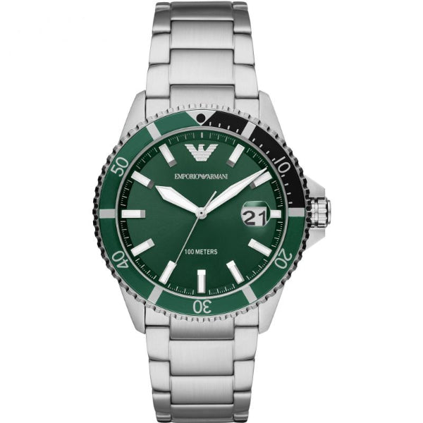 EMPORIO ARMANI Diver Silver Stainless Steel Green Dial Quartz Watch for Gents- EMPORIO ARMANI AR 11338