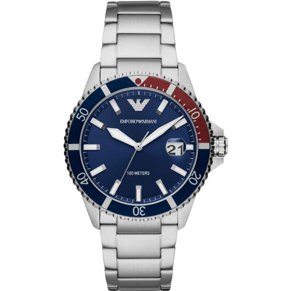 EMPORIO ARMANI Diver Silver Stainless Steel Blue Dial Quartz Watch for Gents- EMPORIO ARMANI AR 11339