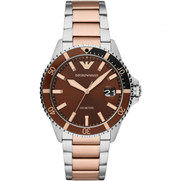 EMPORIO ARMANI Diver Two-Tone Stainless Steel Brown Dial Quartz Watch for Gents- EMPORIO ARMANI AR 11340