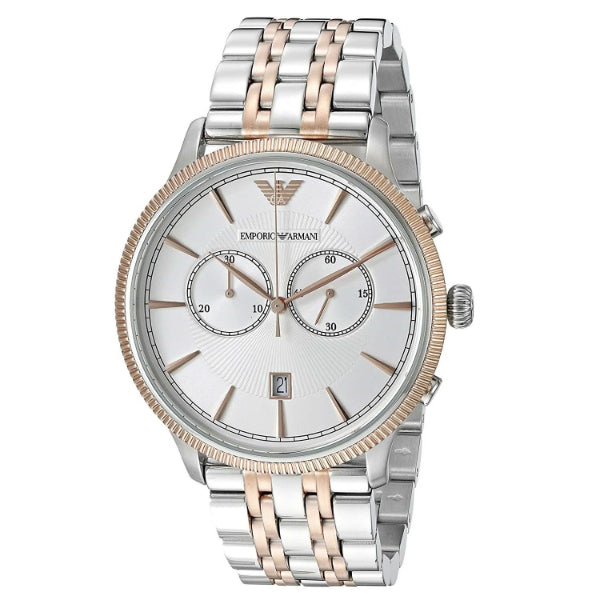 EMPORIO ARMANI Classic Two-Tone Stainless Steel White Dial Chronograph Quartz Watch for Gents - AR1826