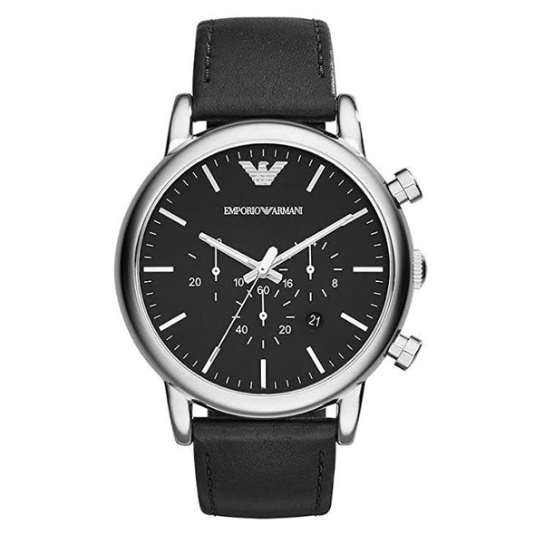 EMPORIO ARMANI Classic Black Leather Strap Black Dial Chronograph Quartz Watch for Gents - AR1828