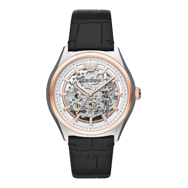 EMPORIO ARMANI Meccanico Black Leather Strap Skeleton Dial Automatic Watch for Gents - AR60018