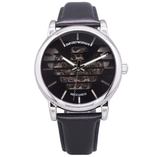 EMPORIO ARMANI Meccanico Black Leather Strap Black Dial Automatic Watch for Gents - AR60040