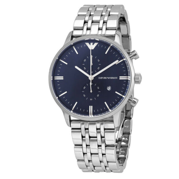 EMPORIO ARMANI Silver Stainless Steel Blue Dial Chronograph Quartz Watch for Gents - AR80013