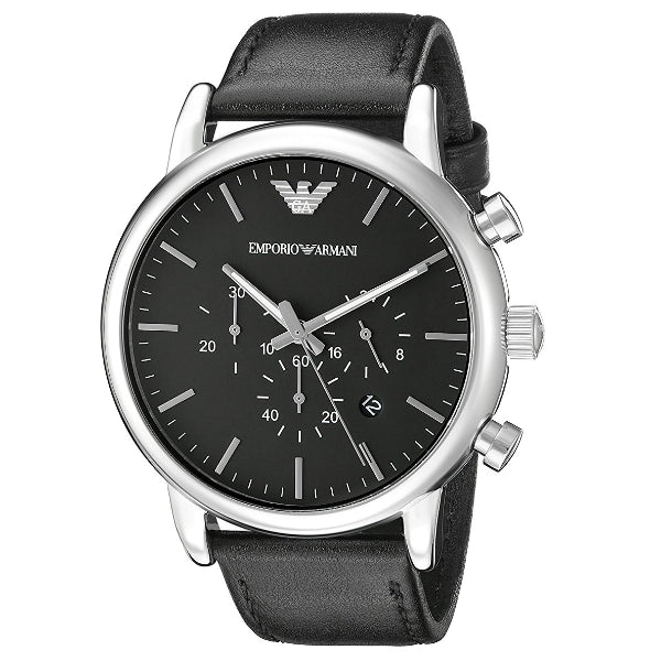 EMPORIO ARMANI Dress Black Leather Strap Black Dial Chronograph Quartz Watch for Gents - AR8029